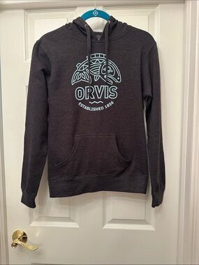 Orvis Charcoal Hoodie with Light Teal Fish Logo